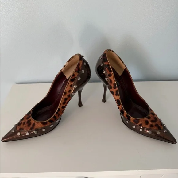 Dolce & Gabbana Leopard-Print Pointed Studded Pumps - Brown & Metallic - Picture 2 of 6